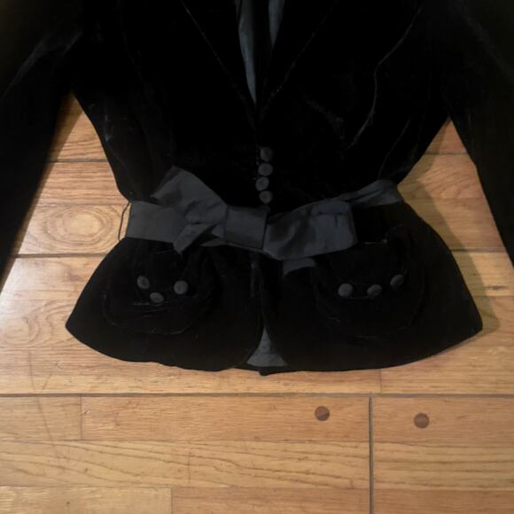 MARC JACOBS Womens Black Silk Crushed Velvet Bow Belted Jacket Blazer Coat - Picture 3 of 16